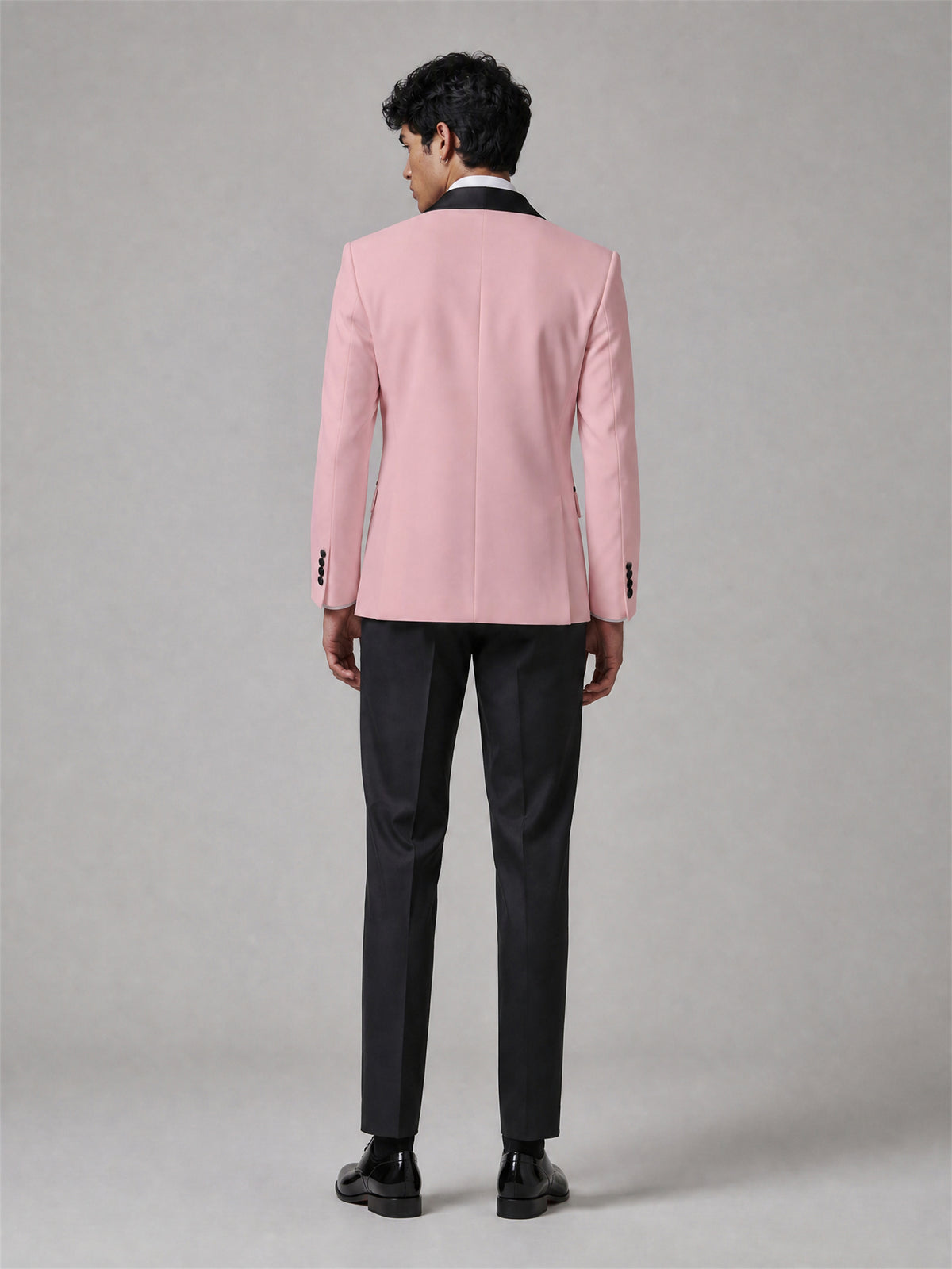 Men's Pink Double-Breasted Black Satin Shawl Lapel Tuxedo Suit Set | Blazer & Trousers