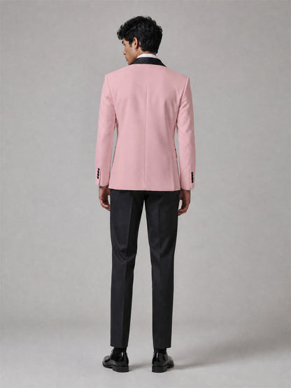 Men's Pink Double-Breasted Black Satin Shawl Lapel Tuxedo Suit Set | Blazer & Trousers