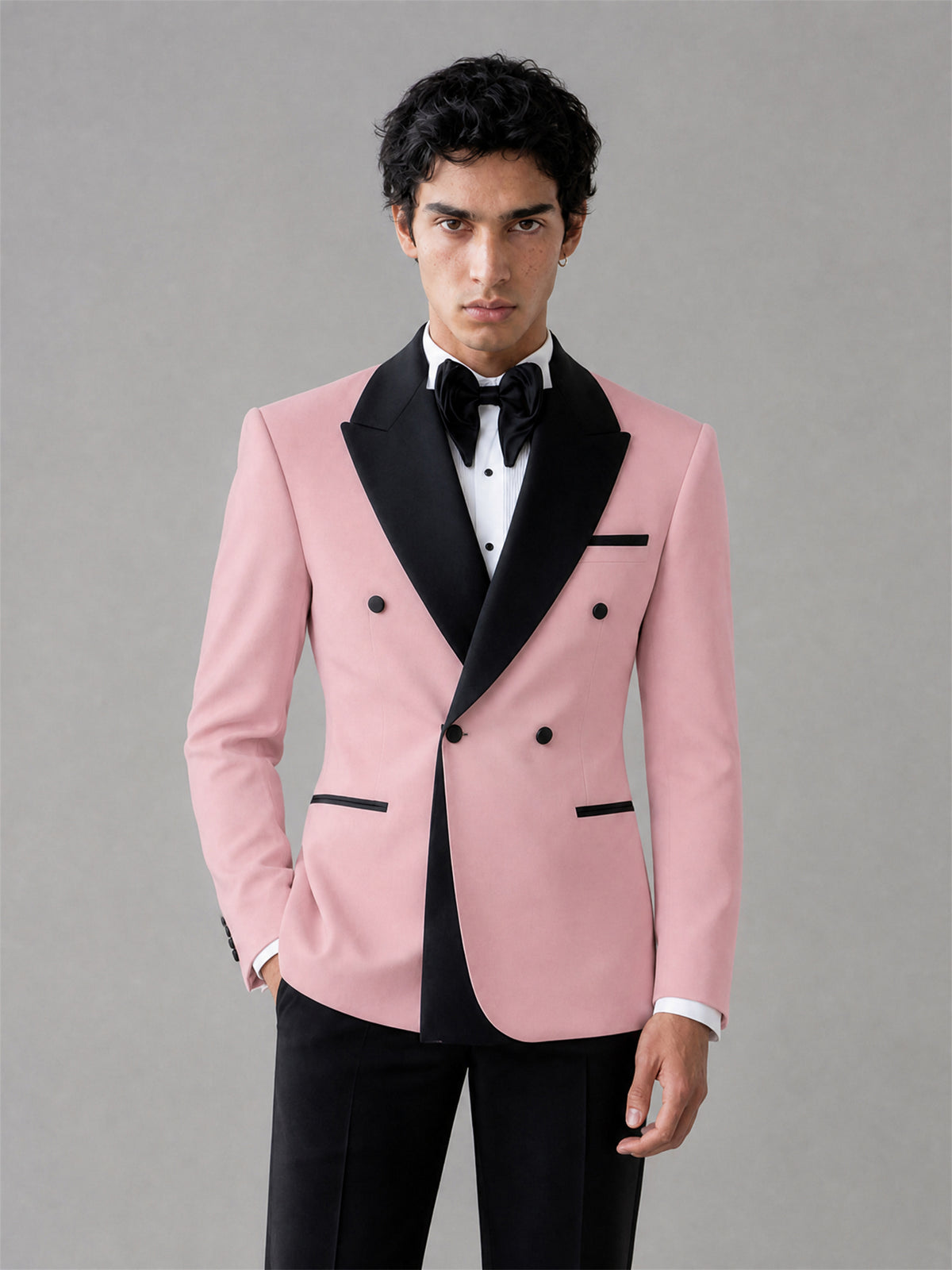 Men's Pink Double-Breasted Black Satin Shawl Lapel Tuxedo Suit Set | Blazer & Trousers
