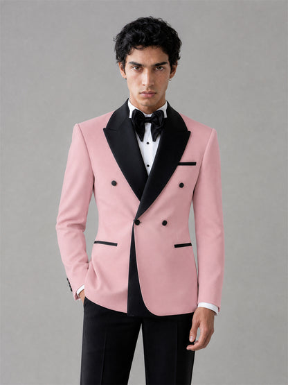 Men's Pink Double-Breasted Black Satin Shawl Lapel Tuxedo Suit Set | Blazer & Trousers