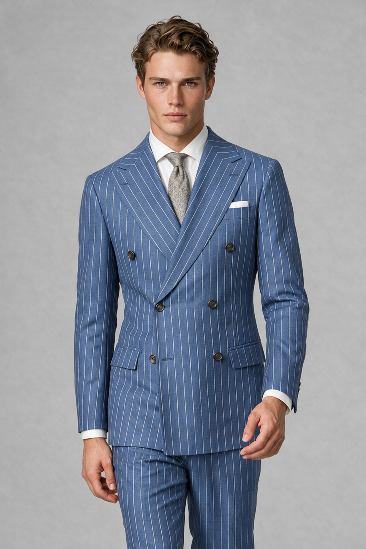Savile Men's Dusty Blue Pinstripe Double-Breasted 2-Piece Suit – Jacket & Trousers | QX0102 - Dusty Blue