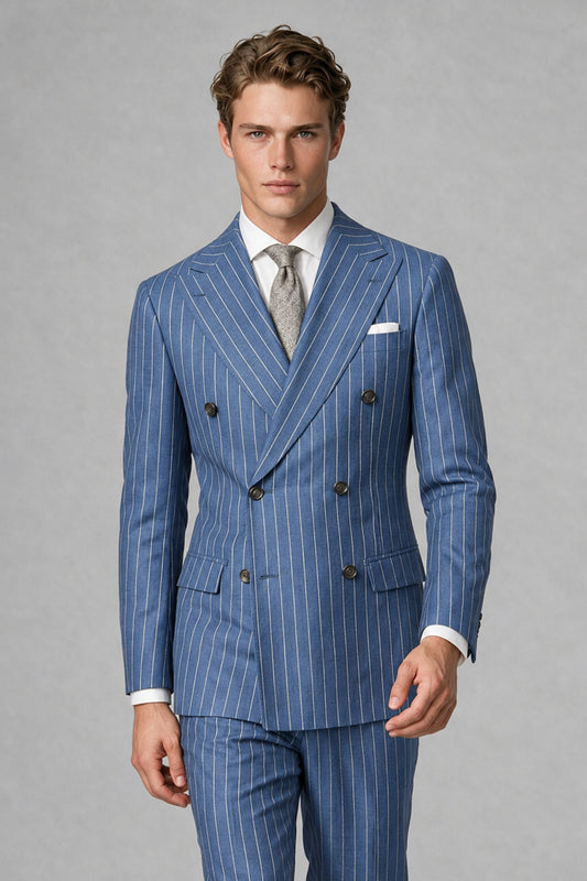 Savile Men's Dusty Blue Pinstripe Double-Breasted 2-Piece Suit – Jacket & Trousers | QX0102 - Dusty Blue