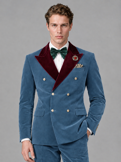 Savile Men's Dusty Blue Velvet Double-Breasted 2-Piece Tuxedo Suit with Burgundy Peak Lapel - Dusty_Blue