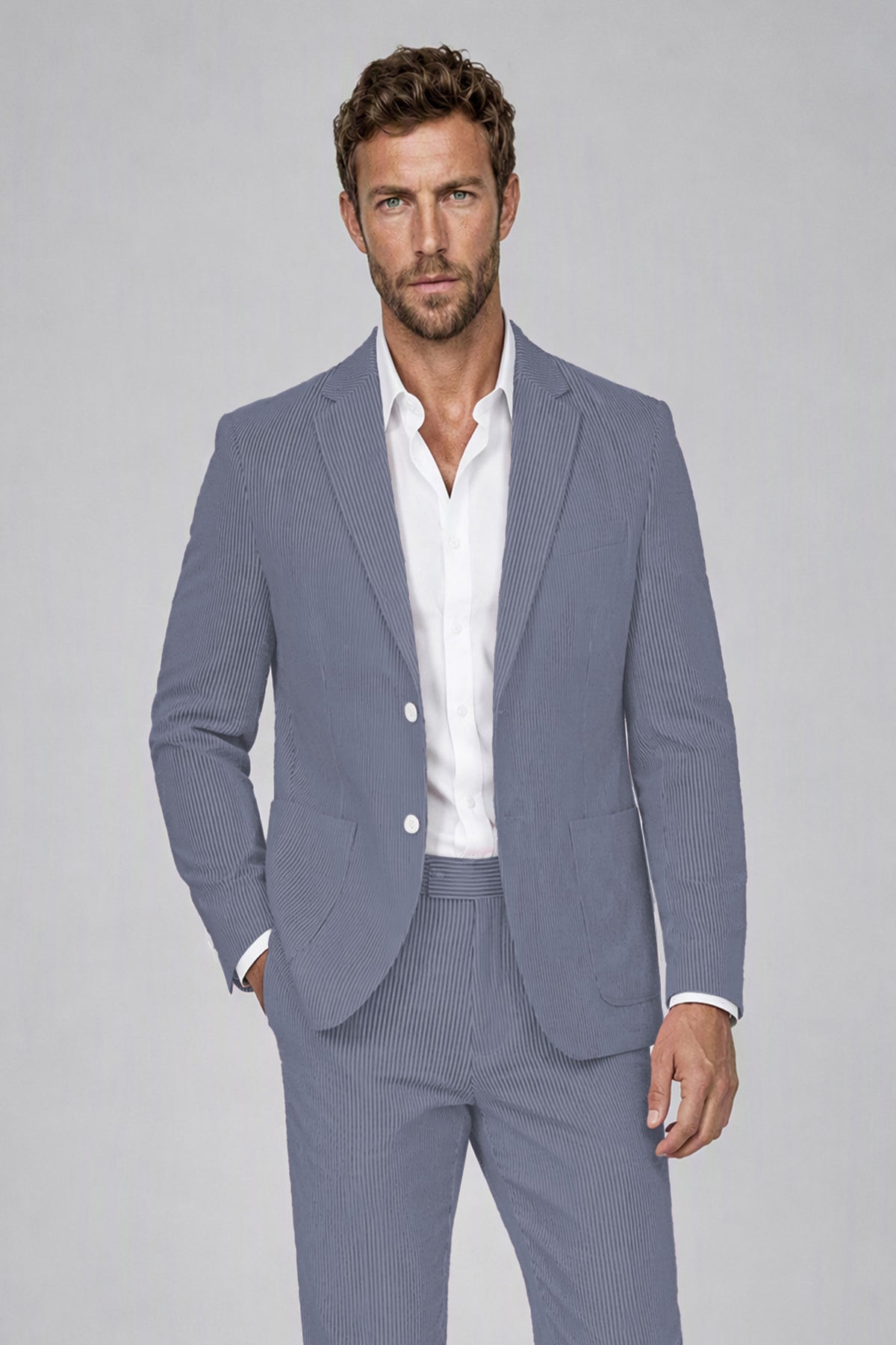 Savile Men's Dusty Blue Striped 2-Piece Suit Set – Notch Lapel Blazer & Tailored Trousers - Dusty Blue - Dusty_Blue(1)