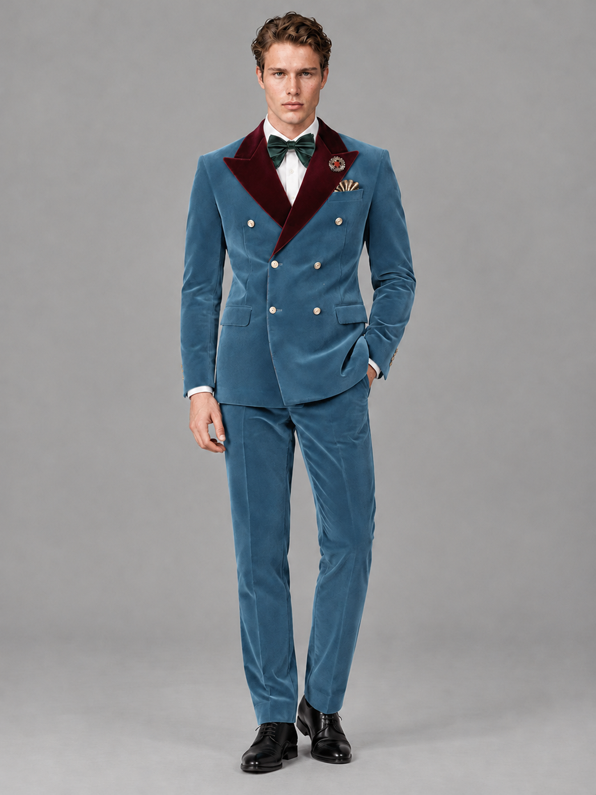 Savile Men's Dusty Blue Velvet Double-Breasted 2-Piece Tuxedo Suit with Burgundy Peak Lapel - Dusty_Blue