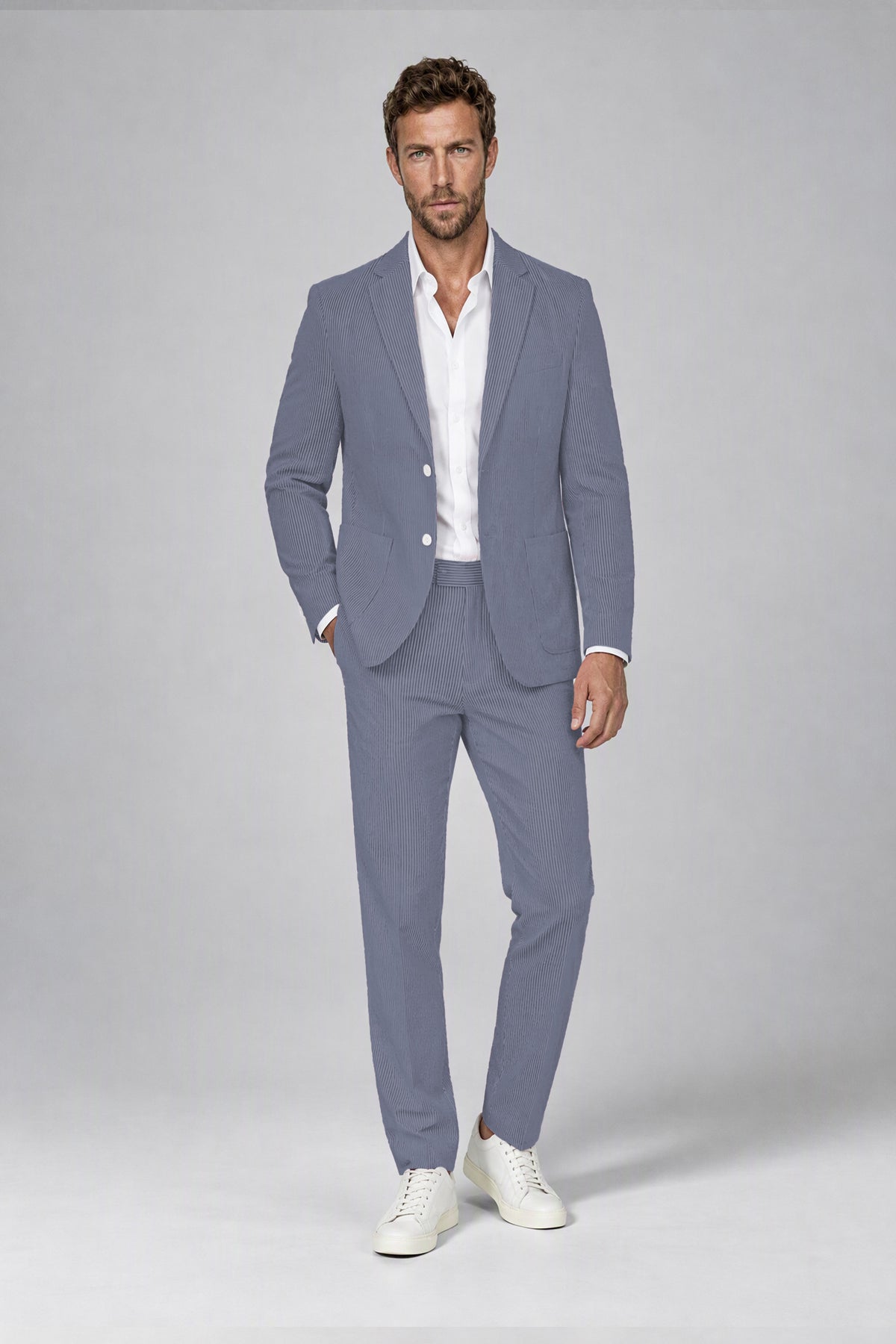 Savile Men's Dusty Blue Striped 2-Piece Suit Set – Notch Lapel Blazer & Tailored Trousers - Dusty Blue - Dusty_Blue(2)