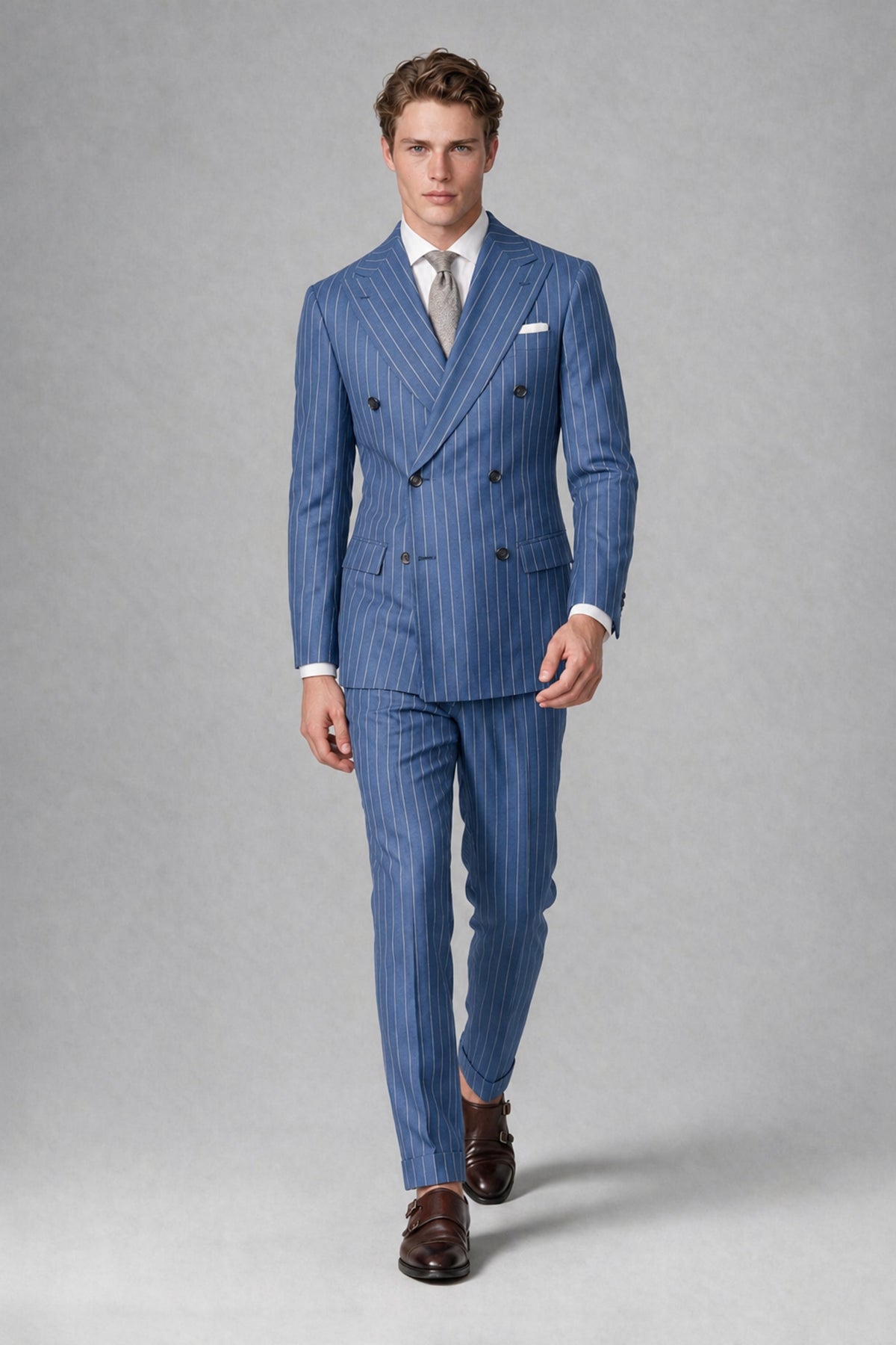 Savile Men's Dusty Blue Pinstripe Double-Breasted 2-Piece Suit – Jacket & Trousers | QX0102 - Dusty Blue