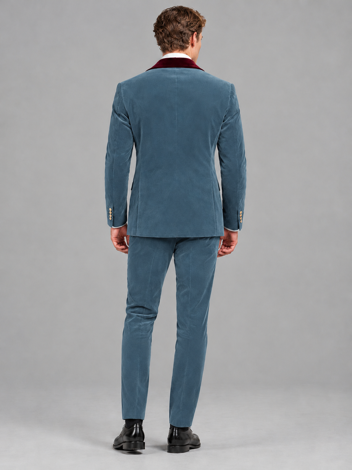Savile Men's Dusty Blue Velvet Double-Breasted 2-Piece Tuxedo Suit with Burgundy Peak Lapel - Dusty_Blue