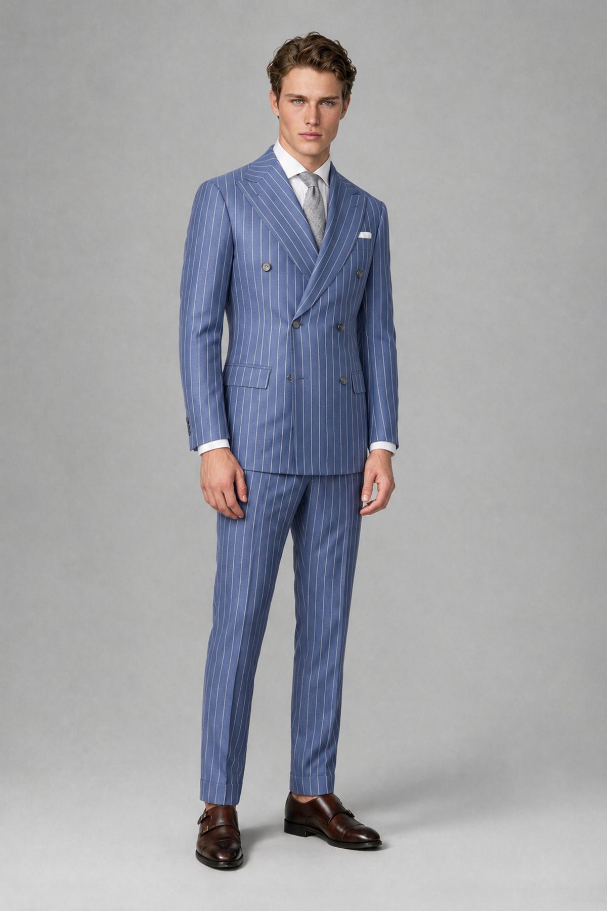 Savile Men's Dusty Blue Pinstripe Double-Breasted 2-Piece Suit – Jacket & Trousers | QX0102 - Dusty Blue