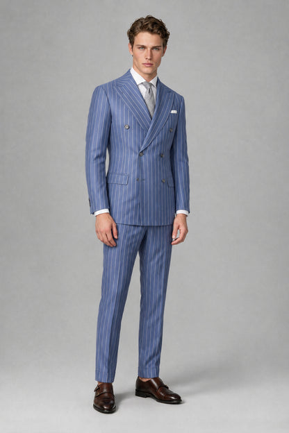 Savile Men's Dusty Blue Pinstripe Double-Breasted 2-Piece Suit – Jacket & Trousers | QX0102 - Dusty Blue