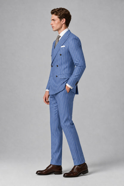 Savile Men's Dusty Blue Pinstripe Double-Breasted 2-Piece Suit – Jacket & Trousers | QX0102 - Dusty Blue