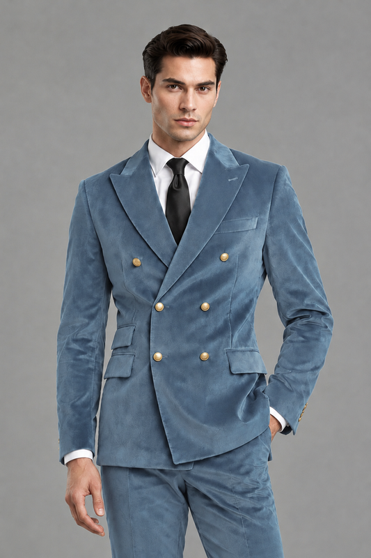 Savile Men's Dusty Blue Velvet Double-Breasted 2-Piece Suit Set | Peak Lapel Blazer & Trousers - Dusty Blue