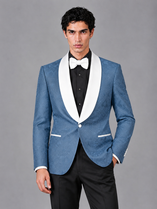 Savile Men's Dusty Blue Jacquard White Shawl Lapel 2-Piece Tuxedo Suit Set | Jacket & Trousers - Dusty Blue - Dusty Blue (1)