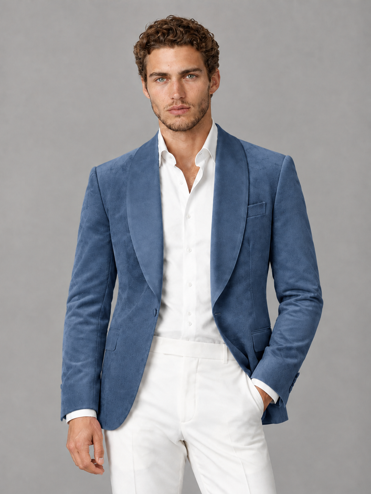 Savile Men's Dusty Blue Velvet Shawl Lapel 2-Piece Tuxedo Suit Set | Jacket & White Trousers - Dusty Blue - Dusty Blue (1)