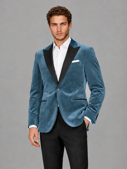 Savile Men's Dusty Blue Velvet Peak Lapel 2-Piece Tuxedo Suit Set | Jacket & Trousers - Dusty Blue