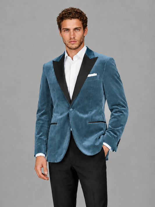 Savile Men's Dusty Blue Velvet Peak Lapel 2-Piece Tuxedo Suit Set | Jacket & Trousers - Dusty Blue