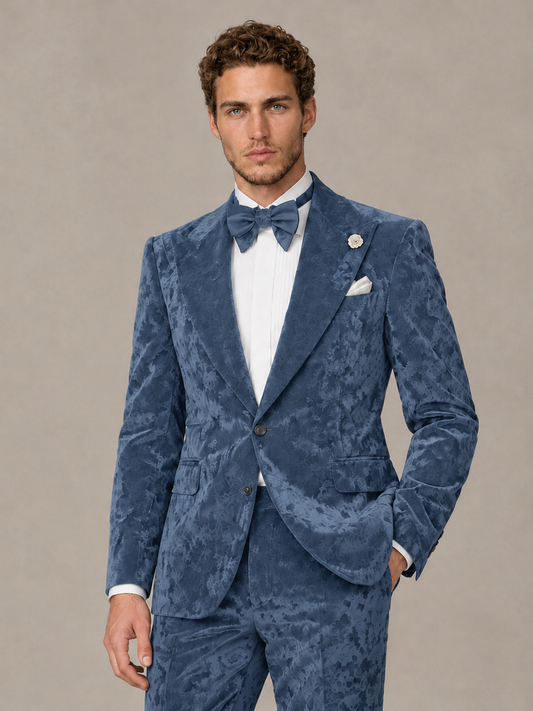 Savile Men's Dusty Blue Crushed Velvet Peak Lapel 2-Piece Suit Set | Jacket & Trousers - Dusty Blue - Dusty Blue (1)