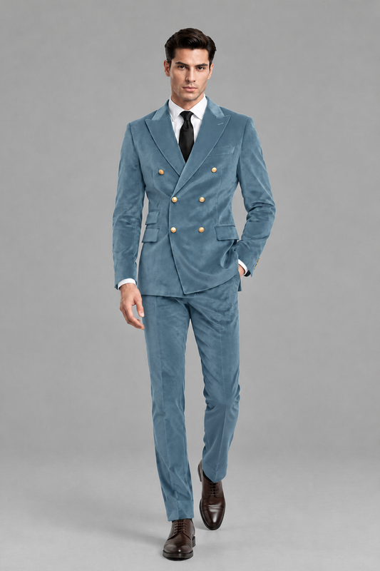 Savile Men's Dusty Blue Velvet Double-Breasted 2-Piece Suit Set | Peak Lapel Blazer & Trousers - Dusty Blue