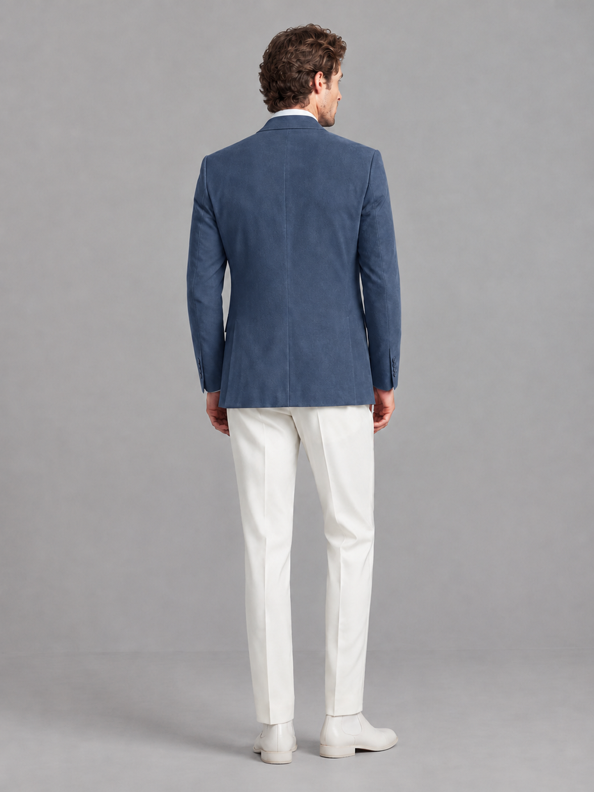 Savile Men's Dusty Blue Velvet Shawl Lapel 2-Piece Tuxedo Suit Set | Jacket & White Trousers - Dusty Blue - Dusty Blue (2)