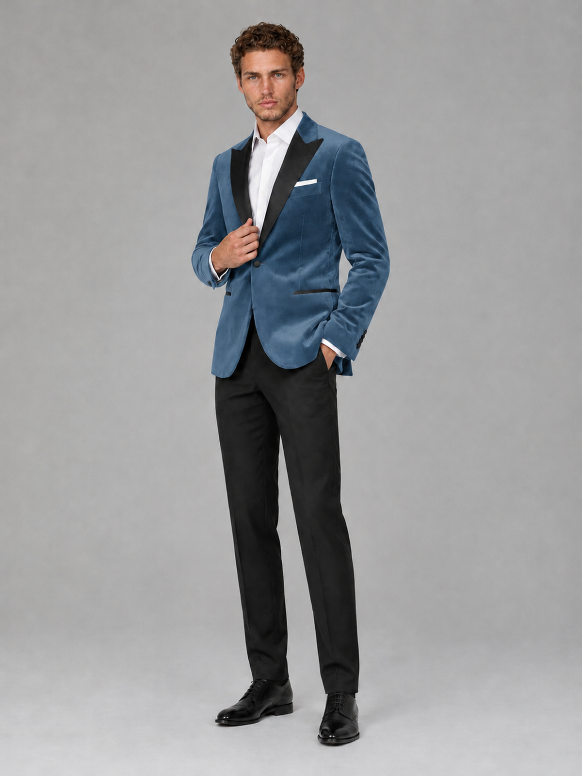 Savile Men's Dusty Blue Velvet Peak Lapel 2-Piece Tuxedo Suit Set | Jacket & Trousers - Dusty Blue