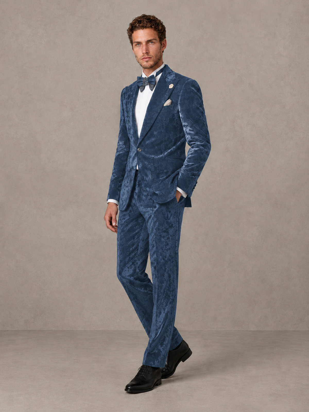 Savile Men's Dusty Blue Crushed Velvet Peak Lapel 2-Piece Suit Set | Jacket & Trousers - Dusty Blue - Dusty Blue (3)