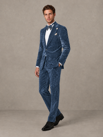 Savile Men's Dusty Blue Crushed Velvet Peak Lapel 2-Piece Suit Set | Jacket & Trousers - Dusty Blue - Dusty Blue (3)