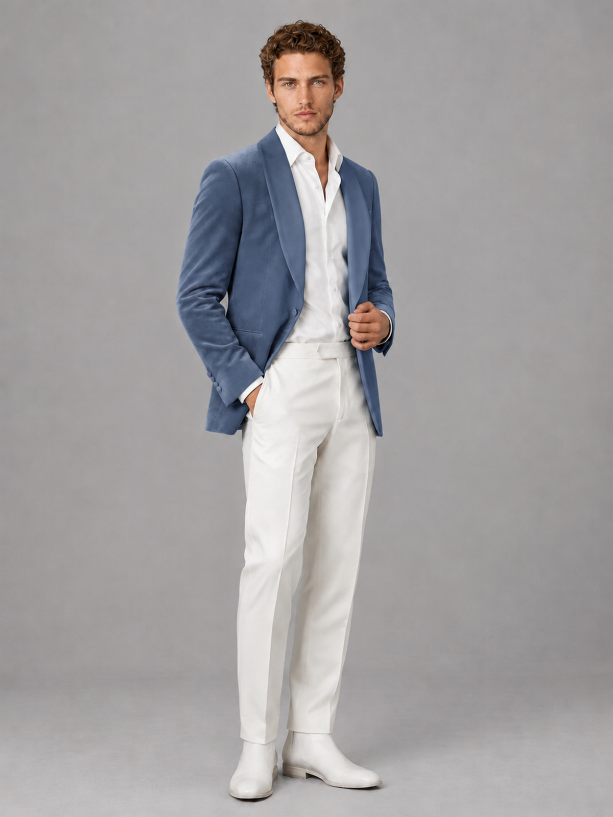 Savile Men's Dusty Blue Velvet Shawl Lapel 2-Piece Tuxedo Suit Set | Jacket & White Trousers - Dusty Blue - Dusty Blue (3)