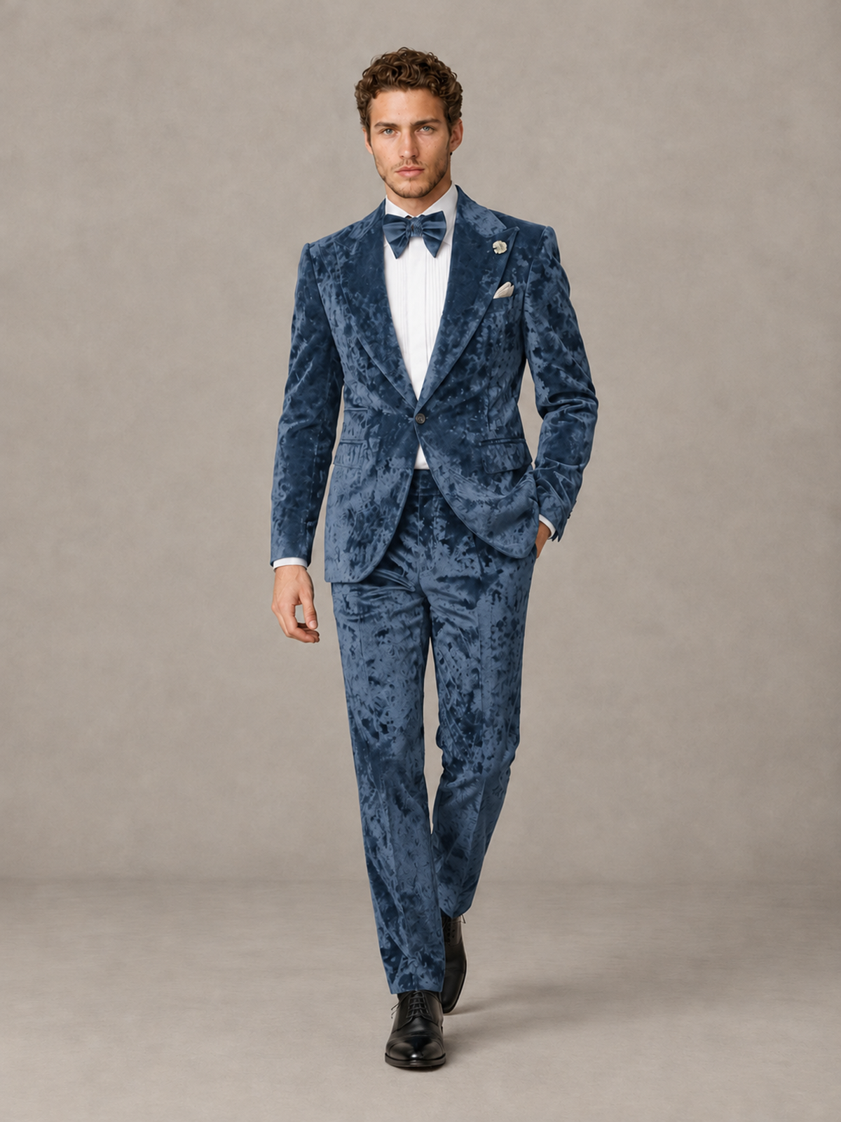 Savile Men's Dusty Blue Crushed Velvet Peak Lapel 2-Piece Suit Set | Jacket & Trousers - Dusty Blue - Dusty Blue (4)