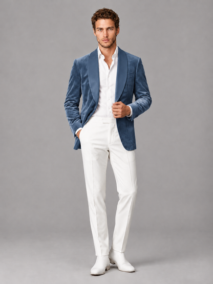 Savile Men's Dusty Blue Velvet Shawl Lapel 2-Piece Tuxedo Suit Set | Jacket & White Trousers - Dusty Blue - Dusty Blue (4)