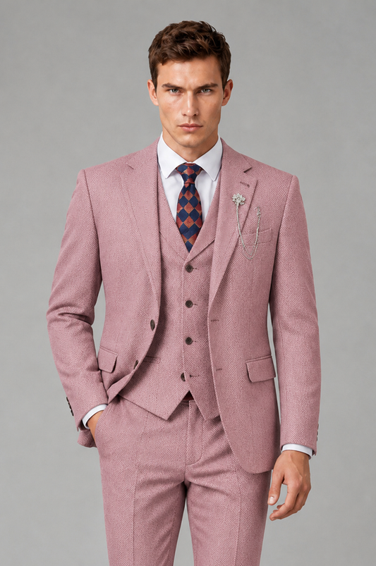 Savile Men's Grey Notch Lapel 3-Piece Suit Set | Jacket, Vest & Trousers - Dusty Rose - Dusty Rose