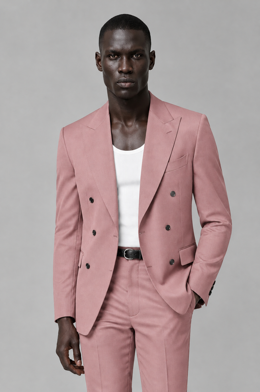 Savile Men's Dusty Rose Double Breasted Slim Fit 2-Piece Suit Set – Blazer & Trousers | Wedding Gala Formal - Dusty Rose - Dusty Rose_01