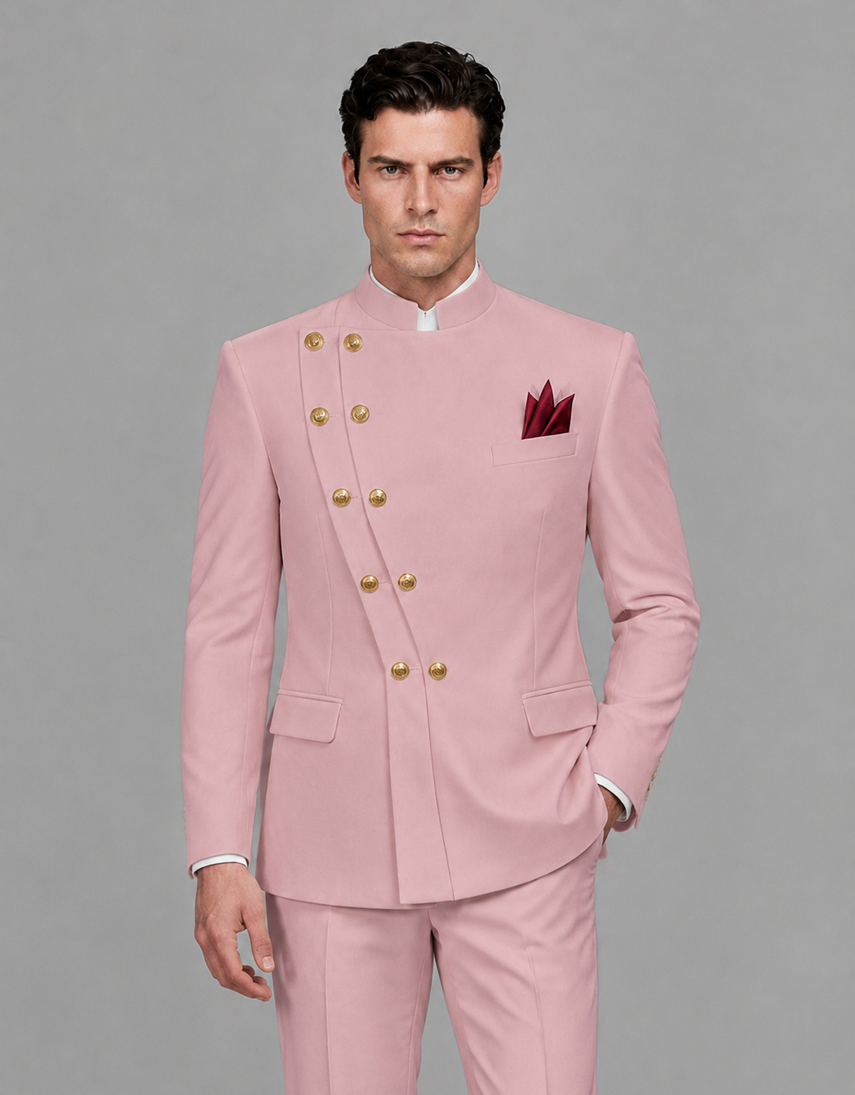 BOLODOO Men's Dusty Rose Asymmetrical Mandarin Collar Tuxedo Suit – Modern 2-Piece Gold Button Wedding, Prom & Gala Set - Dusty Rose - Dusty Rose_01