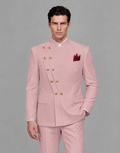 BOLODOO Men's Dusty Rose Asymmetrical Mandarin Collar Tuxedo Suit – Modern 2-Piece Gold Button Wedding, Prom & Gala Set - Dusty Rose - Dusty Rose_01
