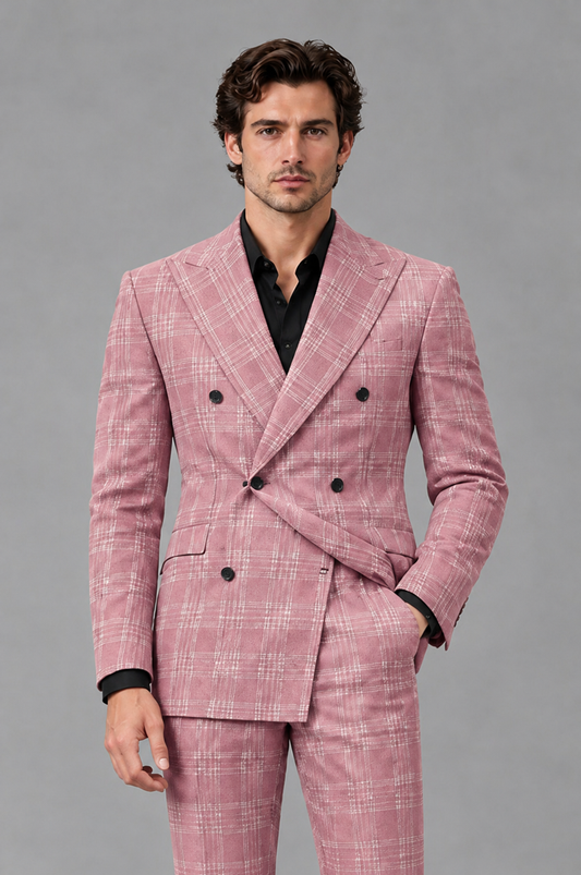 Savile Men's Rust Plaid 2-Piece Double-Breasted Suit – Peak Lapel Slim-Fit Jacket & Trousers Set - Dusty Rose - Dusty Rose