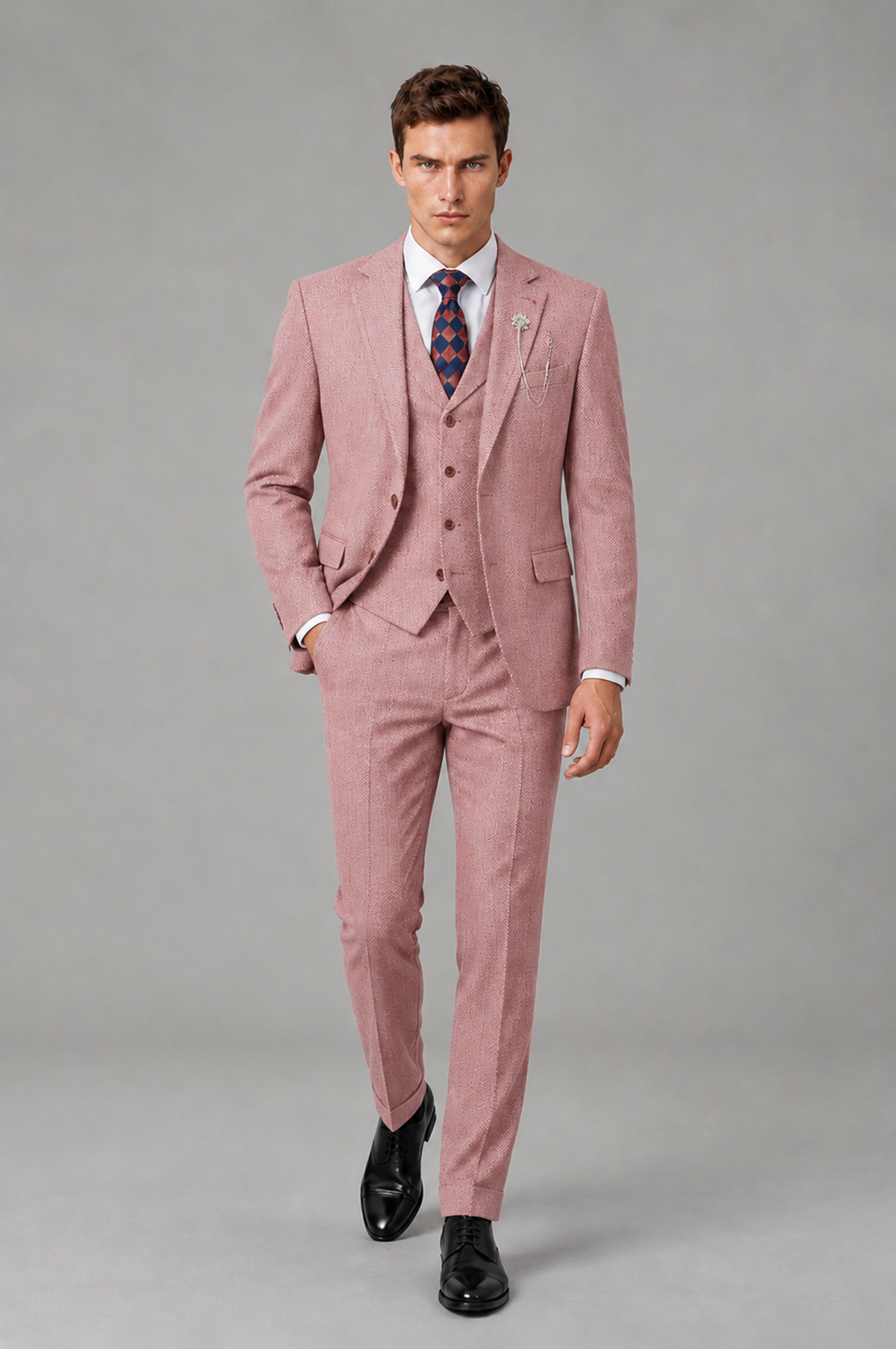 Savile Men's Grey Notch Lapel 3-Piece Suit Set | Jacket, Vest & Trousers - Dusty Rose - Dusty Rose