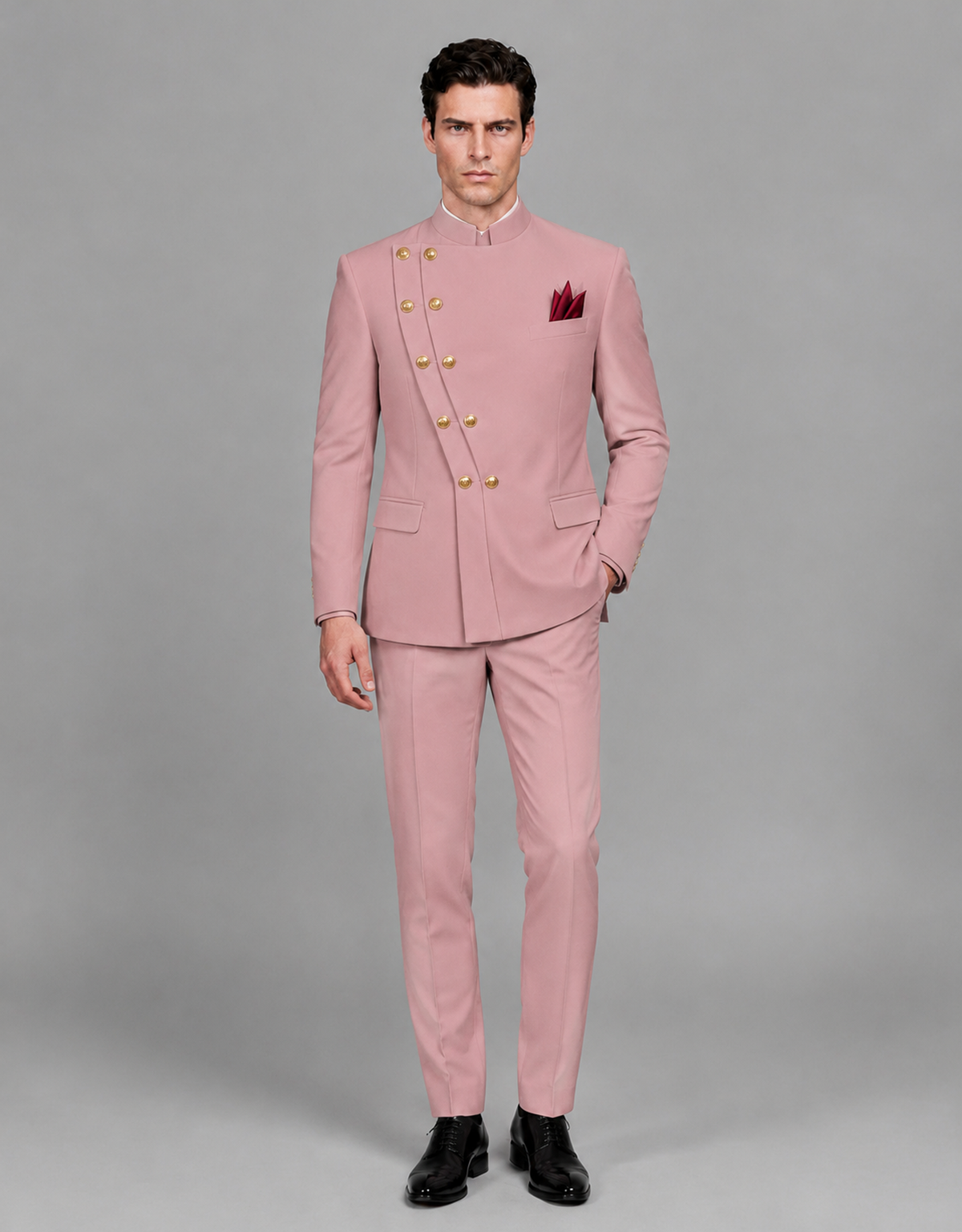 BOLODOO Men's Dusty Rose Asymmetrical Mandarin Collar Tuxedo Suit – Modern 2-Piece Gold Button Wedding, Prom & Gala Set - Dusty Rose - Dusty Rose_02