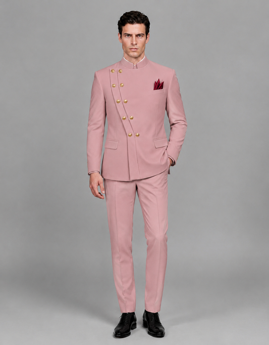 BOLODOO Men's Dusty Rose Asymmetrical Mandarin Collar Tuxedo Suit – Modern 2-Piece Gold Button Wedding, Prom & Gala Set - Dusty Rose - Dusty Rose_02