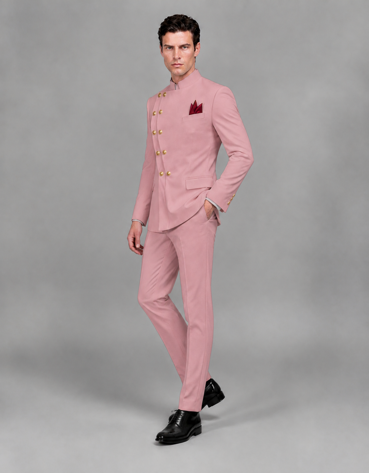 BOLODOO Men's Dusty Rose Asymmetrical Mandarin Collar Tuxedo Suit – Modern 2-Piece Gold Button Wedding, Prom & Gala Set - Dusty Rose - Dusty Rose_04