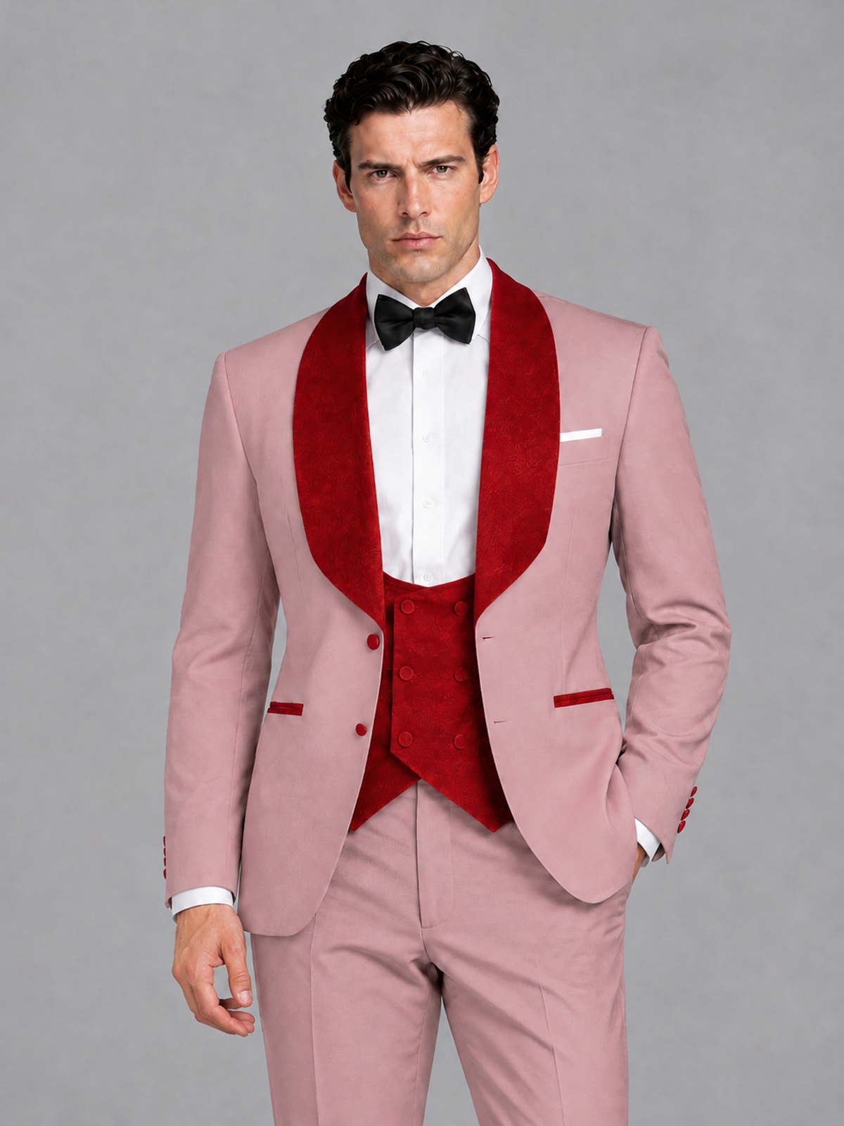 Savile Men's Dusty Rose 3-Piece Tuxedo Suit Set – Contrast Red Shawl Lapel Blazer, Red Waistcoat & Trousers - SUC020 - Dusty_Rose
