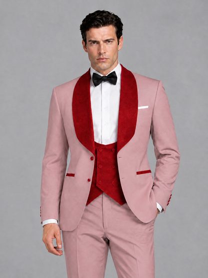 Savile Men's Dusty Rose 3-Piece Tuxedo Suit Set – Contrast Red Shawl Lapel Blazer, Red Waistcoat & Trousers - SUC020 - Dusty_Rose