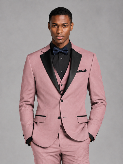 Savile Men's Dusty Rose Contrast Shawl Lapel Tuxedo Suit – 3-Piece Wedding, Prom & Black-Tie Formal Set - Dusty Rose - Dusty Rose_1