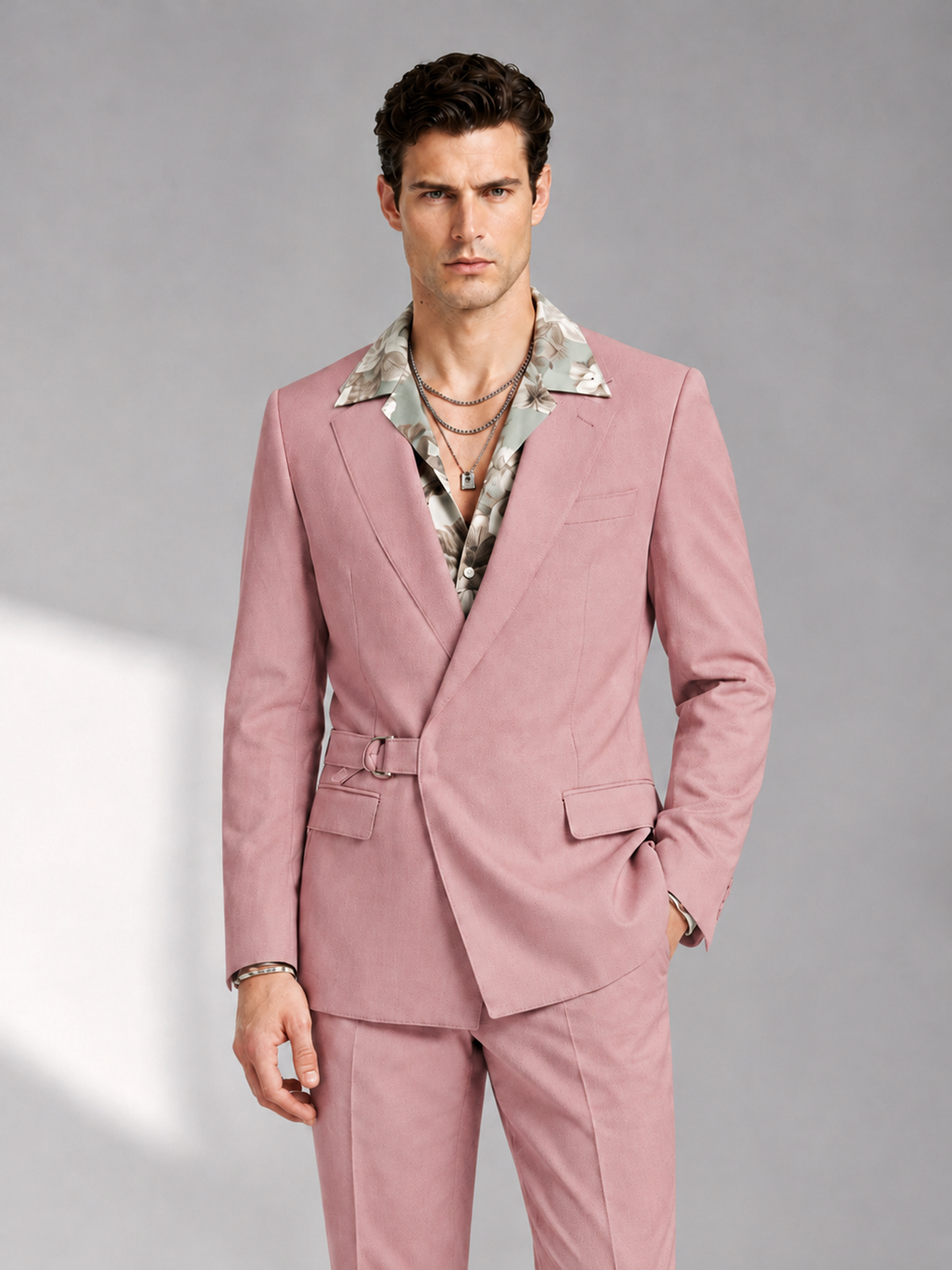 Savile Men's Dusty Rose Belted Wrap 2-Piece Suit – Peak Lapel Blazer & Tailored Trousers - SUC060 - Dusty Rose - Dusty Rose_1