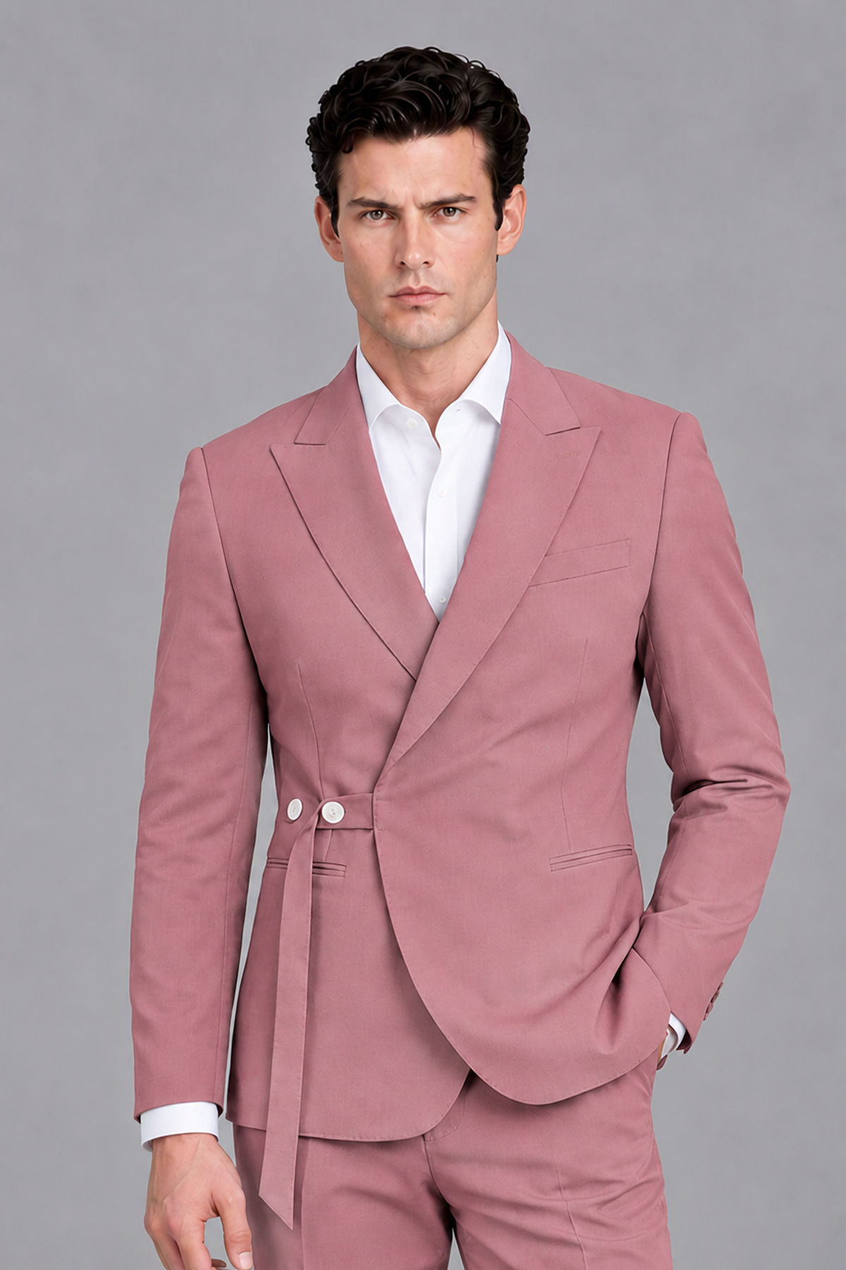 Savile Men's Modern Dusty Rose 2-Piece Wrap Suit Set – Peak Lapel Side-Button Blazer & Tailored Trousers - Dusty Rose - Dusty_Rose_1