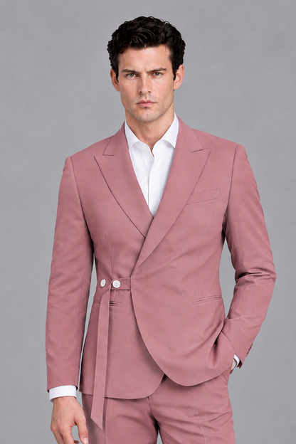 Savile Men's Modern Dusty Rose 2-Piece Wrap Suit Set – Peak Lapel Side-Button Blazer & Tailored Trousers - Dusty Rose - Dusty_Rose_1