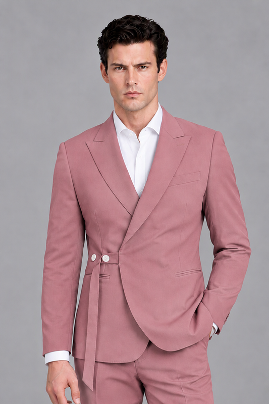 Savile Men's Modern Dusty Rose 2-Piece Wrap Suit Set – Peak Lapel Side-Button Blazer & Tailored Trousers - Dusty Rose - Dusty_Rose_1