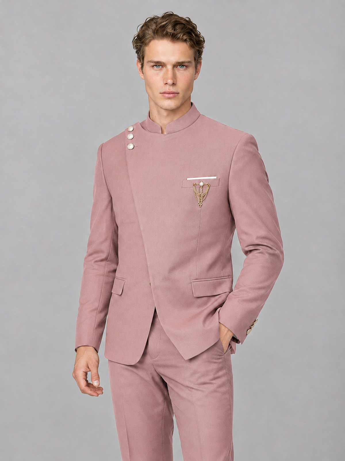 Savile Men's Dusty Rose Mandarin Collar Asymmetrical 2-Piece Suit Set – Modern Jacket & Trousers - Dusty Rose - Dusty Rose_1