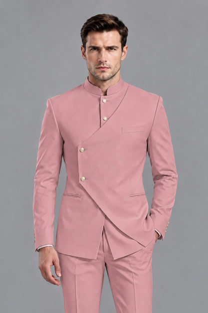 Savile Men's Dusty Rose Asymmetrical Mandarin Collar Tuxedo Suit – Modern 2-Piece Gold Button Wedding, Prom & Gala Set - Dusty Rose - Dusty Rose_1