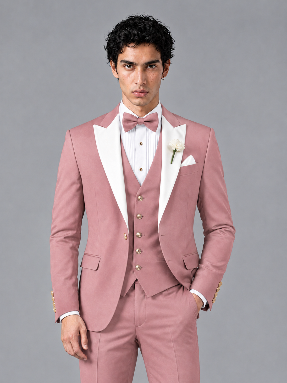 Savile Men's Dusty Rose Contrast White Peak Lapel 3-Piece Tuxedo Suit - Dusty_Rose