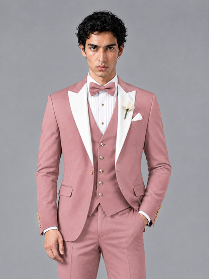 Savile Men's Dusty Rose Contrast White Peak Lapel 3-Piece Tuxedo Suit - Dusty_Rose