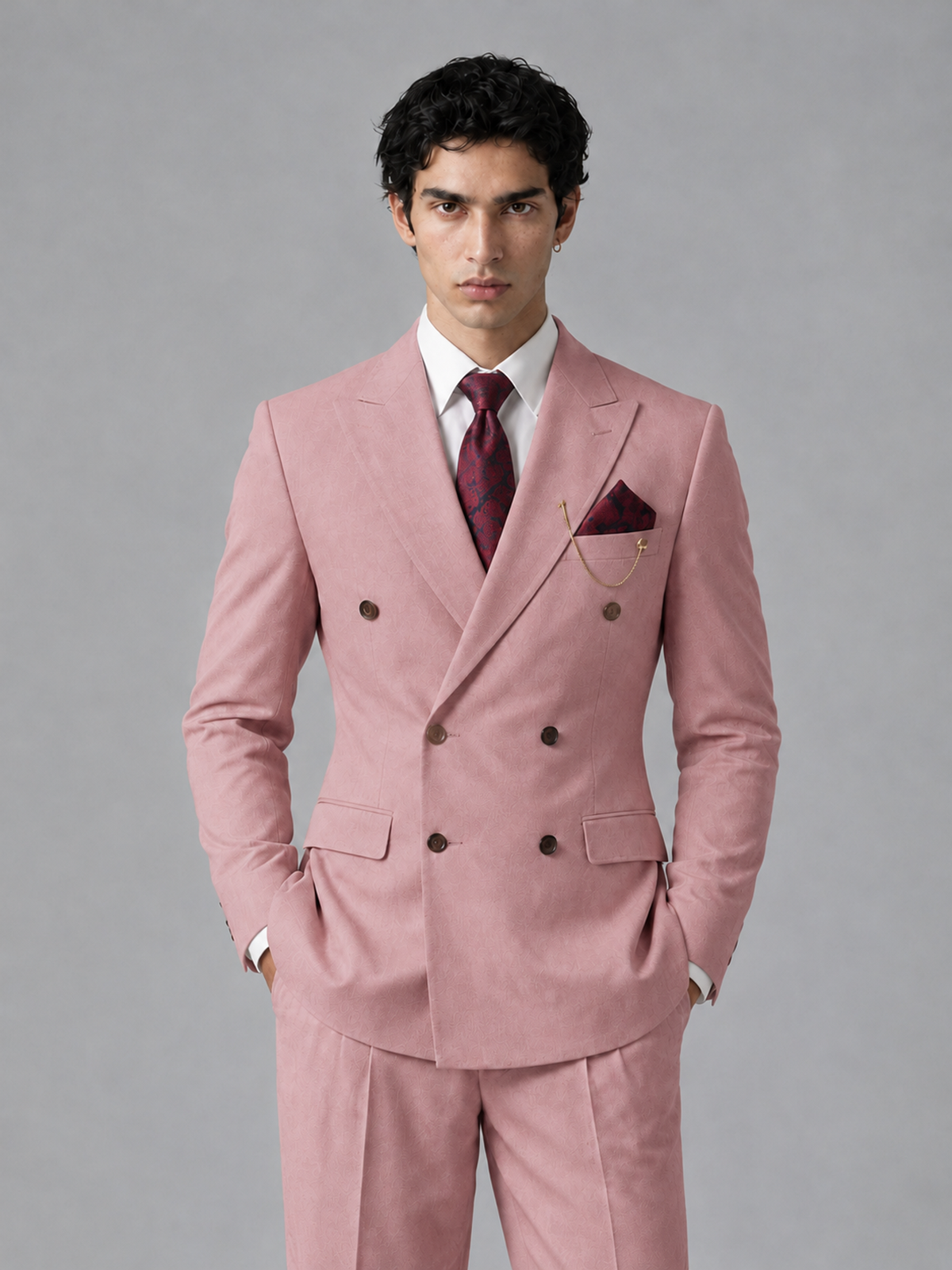 Savile Men's Dusty Rose Double-Breasted 2-Piece Suit Set – Peak Lapel Blazer & Pleated Wide-Leg Trousers - Dusty Rose - Dusty Rose_1